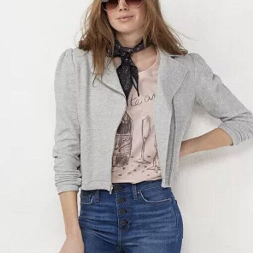 Lauren Conrad Heather Gray Jersey Moto Jacket Size XS Puffed Sleeve Cotton Blend